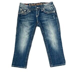 Rock Revival Jean Capri Low Rise Y2K Distress Rhinestone Stretch Denim Celine 26